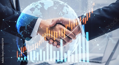 Global business partnership handshake with digital globe and financial growth charts overlay