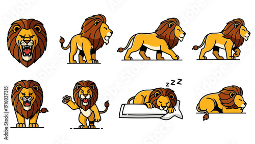 A set of cartoon lion emojis in various poses and expressions on a white background with a playful mood and yellow dominant color.