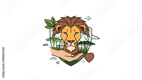 A cartoon lion's head with a green leafy landscape inside a transparent cube held by a hand on a white background.