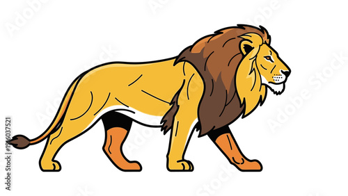 Illustration of a walking lion with a yellow and brown mane against a white background in a cartoon style.