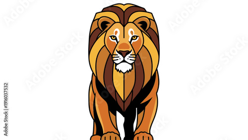 Illustration of a lion with a vibrant mane standing on a plain white background in a cartoon style with warm golden tones.