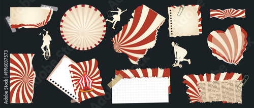 Circus collage elements in retro style, horizontal format. A set of vintage torn sheets, spiral backgrounds, and performer silhouettes for posters, banners, and creative circus-themed designs.