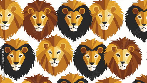 Seamless pattern of multiple lion heads in various shades of orange and brown against a white background.