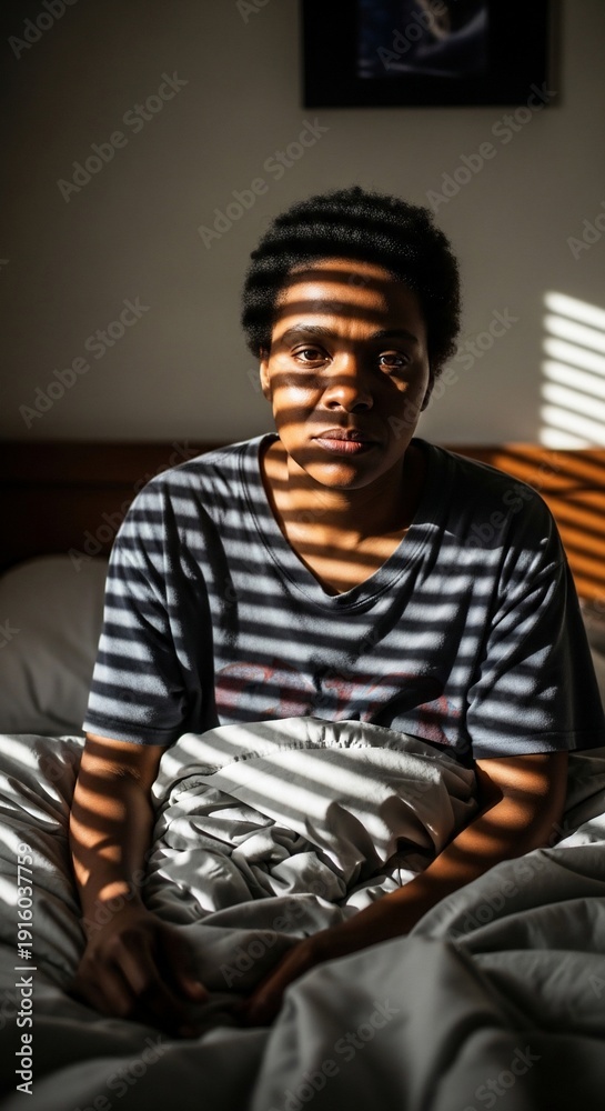Fototapeta premium Woman Sitting on Bed in Striped Shirt.