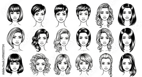 Collection of Diverse Female Faces Hand Drawn Sketch Style.