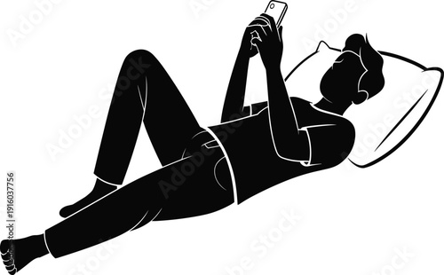 Silhouette of a man lying in bed on a pillow using a smartphone for social media communication