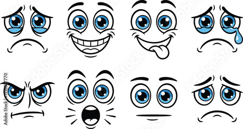 Cartoon facial expression vector illustration set, emotional character designs with eyes and mouths, educational artwork, and playful graphics