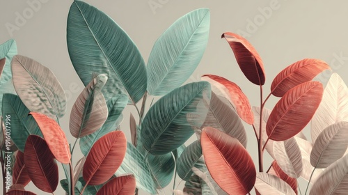 Teal, coral, and white leaves create abstract plant composition against light grey background