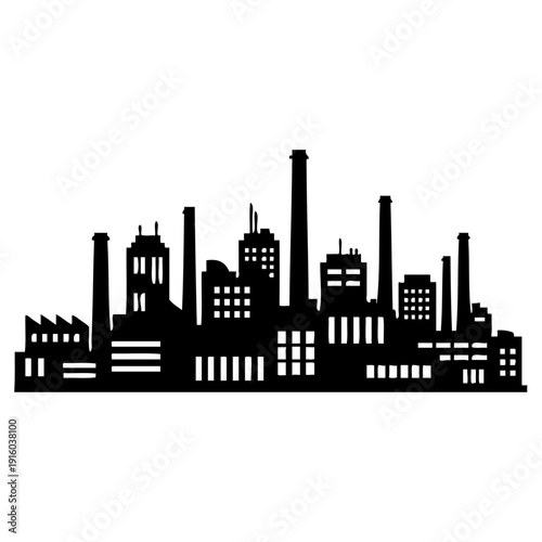 A striking black and white illustration of a city skyline with various buildings