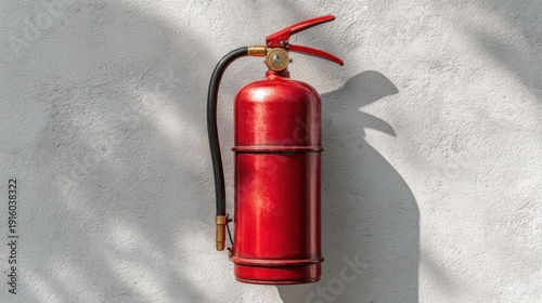 A red fire extinguisher hanging on a white textured wall with shadows