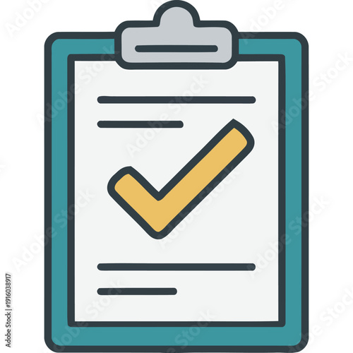 A clipboard with a checklist and a yellow checkmark on a white background