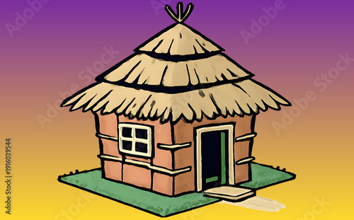 A charming illustration of a traditional straw hut with thatched roof and wooden walls, set against a vibrant gradient sky