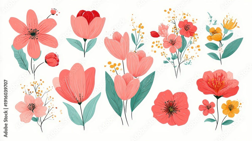 Obraz premium Watercolor Floral Set Featuring Red Pink and Yellow Flowers with Teal Leaves on White Background for Graphic Design
