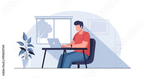 Man Working on Laptop at Desk in Home Office Setting.