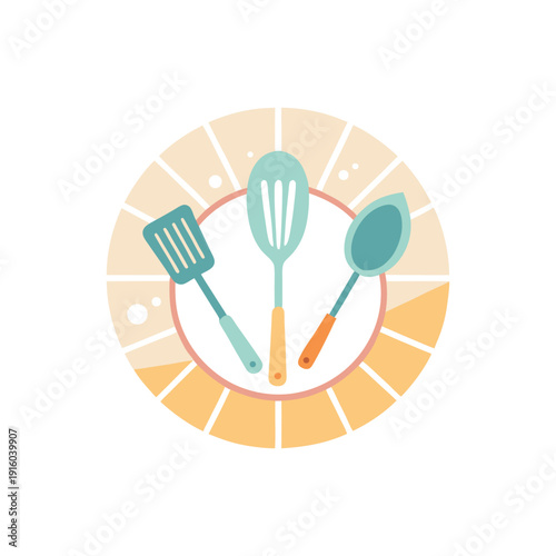 Colorful kitchen utensils on a plate with a decorative border design