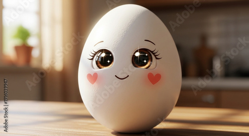 Cute White Egg with Heart-Shaped Cheeks on Wooden Table in Kitchen, 3D Rendering, Close-up and Isolated on Natural Light
