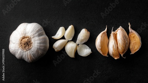 Overhead shot of a whole garlic bulb, separated cloves, and peeled cloves arranged on a dark background. The garlic shows varying stages of preparation