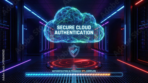 Secure cloud authentication cybersecurity data protection server network in neon data center corridor, hologram shield interface, advanced login verification, futuristic technology concept