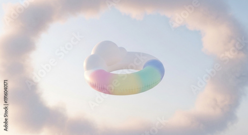 Rainbow Ring Floating in Cloudy Sky with Pastel Colors