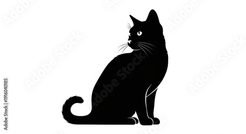 Silhouette of a black cat sitting and looking to the side.