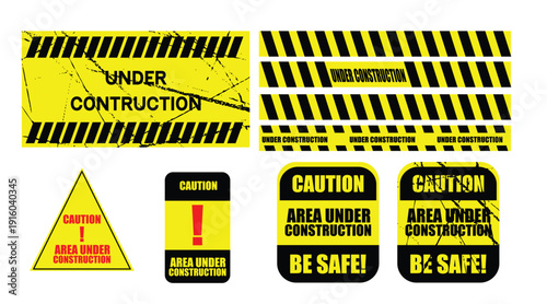 Under Construction Warning Sign Set – Caution Area Safety Banner Vector Collection