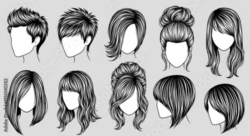 Collection of diverse hairstyles drawn in black and white sketch style.