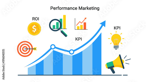 Infographic illustrating performance marketing concepts with a blue bar graph and icons for ROI, KPI, and target audience on a white background with a megaphone and lightbulb.
