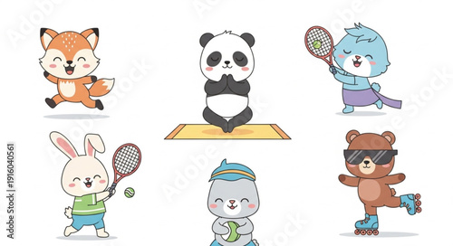 Cute cartoon animals playing sports and doing yoga.