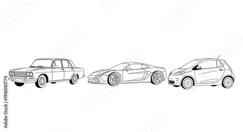 Three different cars drawn in black ink on a white background.