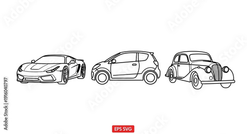Three different cars drawn in sketch style on a white background.