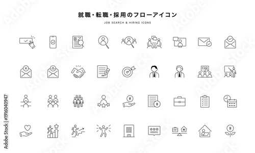 就職・転職・採用フローのビジネスアイコンセット（線画・ベクター）