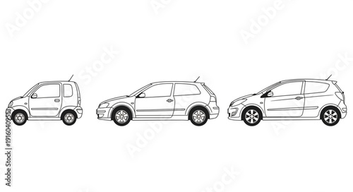 Three different cars lined up side by side in a row.