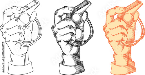 a hand gripping a referee whistle, representing sports officiating and competition.classic vintage etching and engraving style.for sports, fair play, and authority themes.