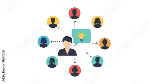 Flat lay illustration of a central figure connected to multiple people in a network, symbolizing communication and teamwork with a modern, colorful design on a clean white background.