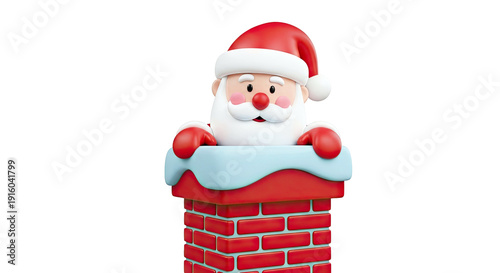 3D Cartoon Santa Claus peeking out of a chimney