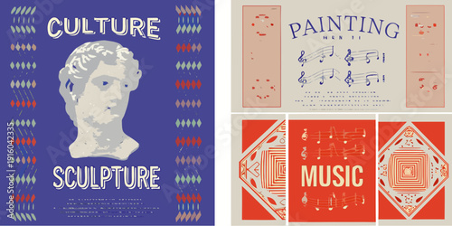 Four panels featuring art music sculpture and cultural themes