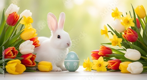 Easter bunny background with tulips and eggs easter scene with white bunny