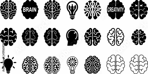 A collection of black brain silhouettes with icons representing thought and ideas