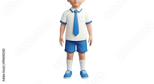 3D render of a young boy in a blue and white school uniform