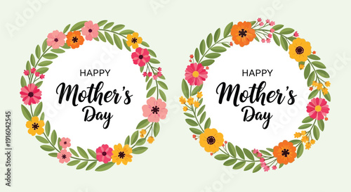 Happy mother's day vector illustration with floral wreaths
