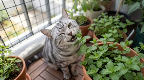 Tapety A gray tabby cat enjoys mint leaves on a wooden balcony surrounded by potted plants