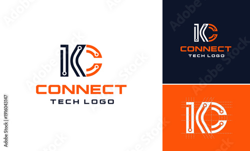 Creative connect technology modern design logo concept vector, Letter K C simple digital wire line communication logo design