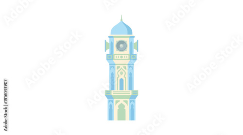 Simple illustration of a clock tower with pastel colors and ornate details.