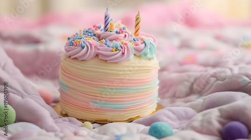 Small birthday cake with pastel swirls placed on a quilted blanket