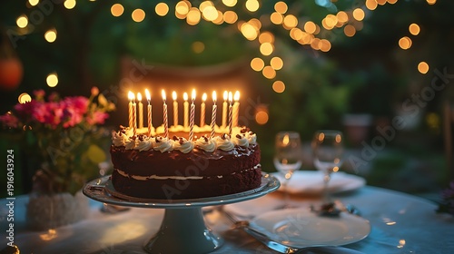 Small chocolate birthday cake with candles fairy lit outdoor dinner table