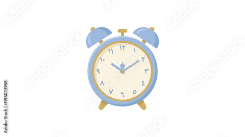 Vintage style blue alarm clock with golden details on white background.