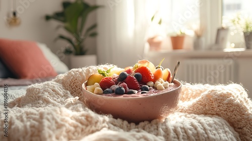 Smoothie bowl with fruit fluffy throw blanket and airy morning light in a bedroom