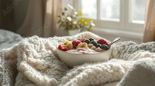 Smoothie bowl with fruit fluffy throw blanket and airy morning light in a bedroom