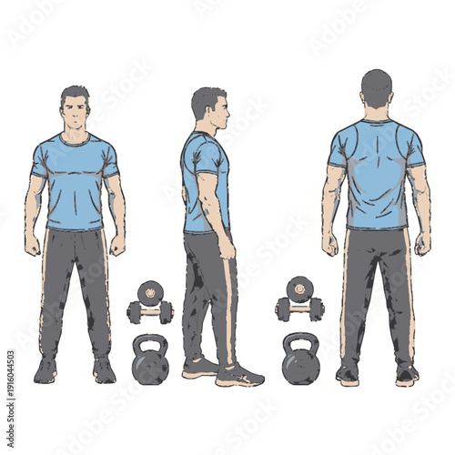 Illustration of a man in three different views, with dumbbells and kettlebells, ready for exercise.