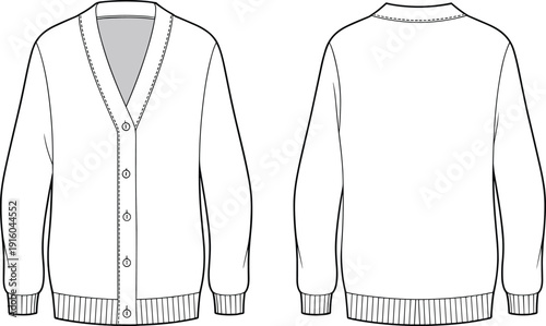 Men knit cardigan cad drawing, flat vector illustration, front and back view, fashion technical sketch, apparel template, isolated clothing design for production